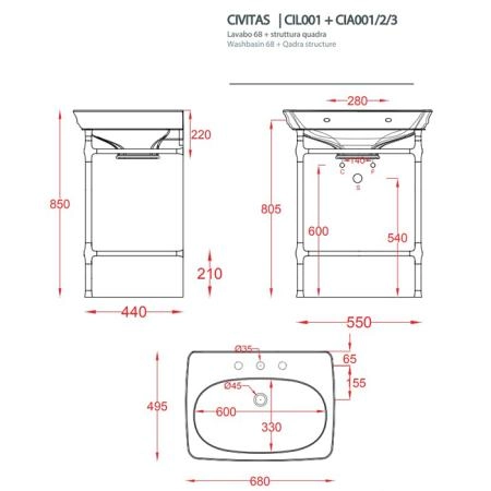 Artceram Civitas Металическая структура Quadra 55х44хh80,5см, полка стекло, напольная, цвет: золото