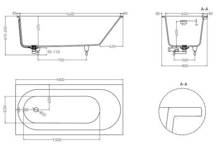Ванна Salini ORNELLA KIT 180x80 S-Sense глянцевая 102412G