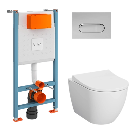 Инсталляция с унитазом VitrA Mia Round  9873B003-7201 комплект 4 в 1 с сиденьем микролифт безободковый цвет клавиши глянцевый хром