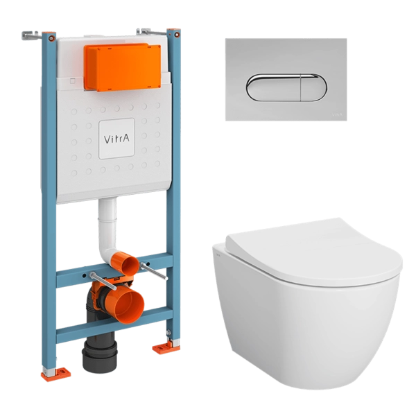Инсталляция с унитазом VitrA Mia Round  9873B003-7201 комплект 4 в 1 с сиденьем микролифт безободковый цвет клавиши глянцевый хром