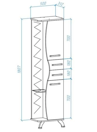 Пенал-50 Bellezza Рио L с зеркалом без б/к белый