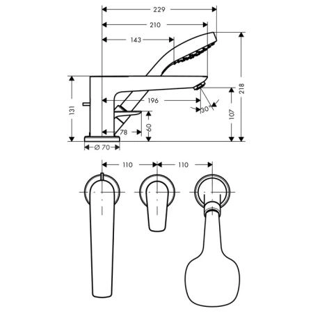 Hansgrohe Talis E Смеситель на край ванны, на 3 отв., с ручным душем, цвет: хром