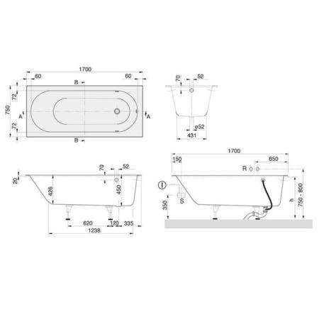 Villeroy&Boch Oberon Ванна встраиваемая 1700*750*450, к-т ножек, материал: Quaryl, цвет: альпийский белый