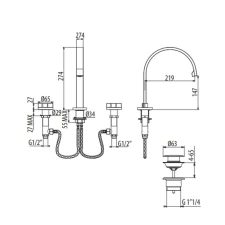 Gattoni GAS Смеситель для раковины, на 3 отв., в комплекте с донным клапаном, цвет: Matt old brass