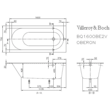 Ванна Villeroy&Boch OBERON UBQ160OBE2V-01 160х75см белый Альпин, с ножками