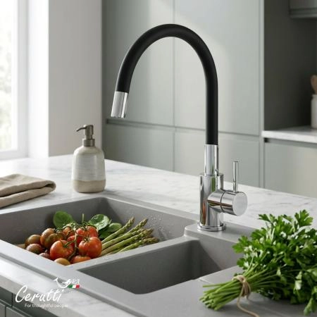 Cмеситель для кухни CeruttiSPA АТЭНА H-B (ATENA H-B) из нержавеющей стали, цвет хром, излив черный