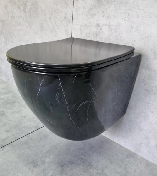 Унитаз Ceramalux 2212BM подвесной безободковый сиденье микролифт черный мрамор 490x370x360