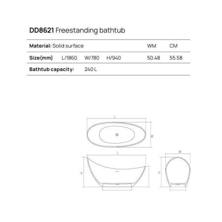 Dea Design Elegant Ванна 186x78x94см., отдельностоящая, Solid Surface, цвет: Black №16