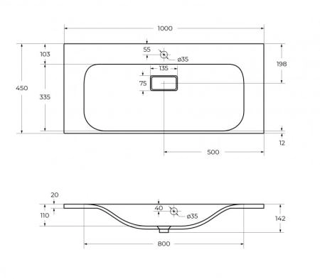 Раковина из литьевого мрамора, 1000x450x150 Белый BB1000/445-LV-MR-PR