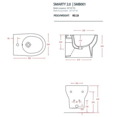 ARTCERAM/HIDRA SMARTY Биде подвесное  35х50 см, с 1 отв под смеситель, цвет: белый