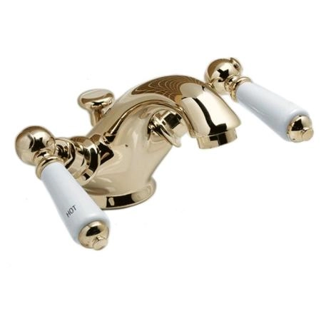 Devon Dandy Смеситель для раковины на 1 отв., с донным клапаном, c ручками белыми, цвет: золото светлое