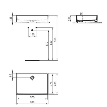 Ideal Standard Extra Раковина 60х40хh12.5см., накладная, без отв., без перелива, с крепежом, цвет: белый глянец