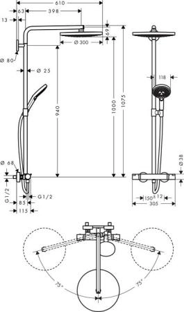 Душевая система Hansgrohe Raindance Select S Showerpipe 300 2 jet 27133000, термостат для душа, хром