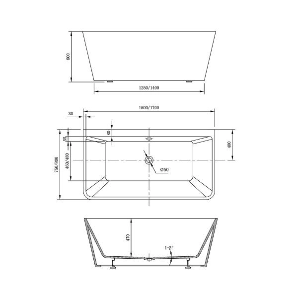 Ванна Vincea VBT-425-1700 1700х800х600 цвет белый щелевой перелив