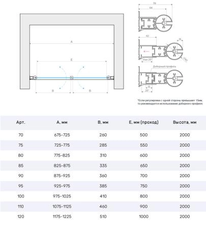 Душевая дверь Vegas-glass E2P NOVO h2000 80 07 01, профиль матовый хром, стекло прозрачное