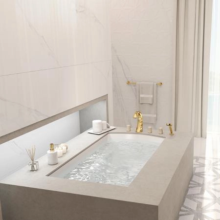 THG Nihal Porcelaine Ivoire Смеситель на борт ванны, на 5 отверстий, двойной, с ручным душем, цвет: Soft gold