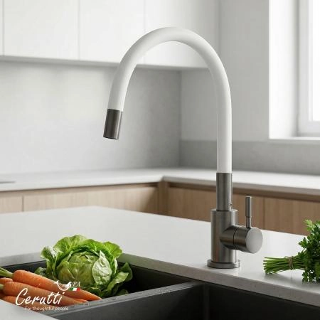 Cмеситель для кухни CeruttiSPA АТЭНА GG-W (ATENA GG-W) из нержавеющей стали, цвет графит, излив белый