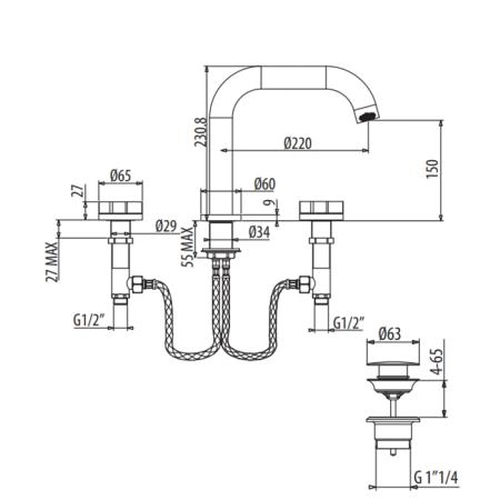 Gattoni GAS Смеситель для раковины на 3 отв., в комплекте с донным клапаном, цвет: Grey anthracite/красный/синий