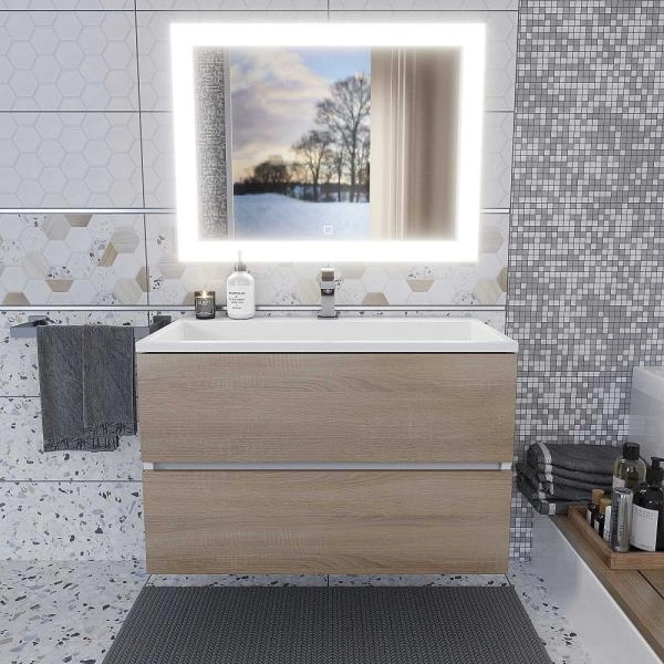 Тумба с раковиной для ванной для ванной Uperwood Barsa 80 см, раковина белая, подвесная тумба белая/дуб сонома