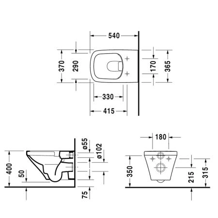 Duravit DuraStyle Rimless Унитаз подвесной 37x54см., безободковый, с покрытием WonderGliss, с вертикальным смывом, цвет: белый