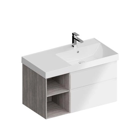 Тумба Kerama Marazzi CUBO КУБО CU.90Rh\WHT правая подвесная с ящиками 90, белая матовая-древесная
