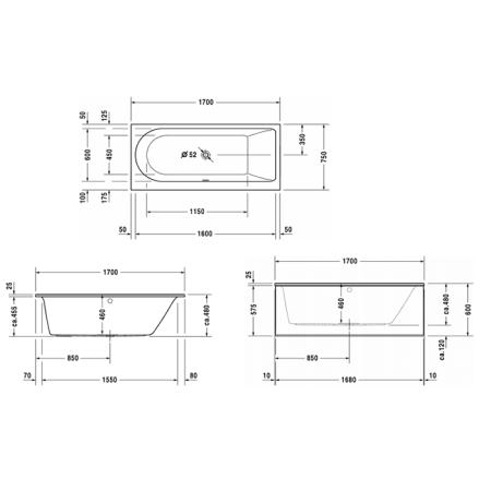 Duravit Darling New  Ванна 170х75x60см, акриловая, прямоугольная встраиваемая или с панелями,с наклоном для спины справа, цвет: белый