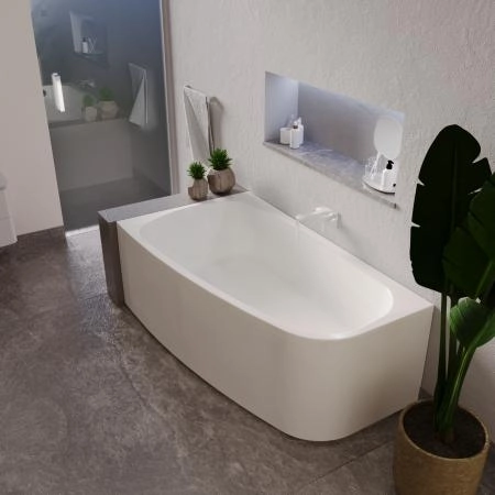 Ванна акриловая "РОНА 168х95" (правое исполнение), рама-подставка, фронтально-торцевая панель, слив-перелив автомат с сеточкой (хром, с сифоном)