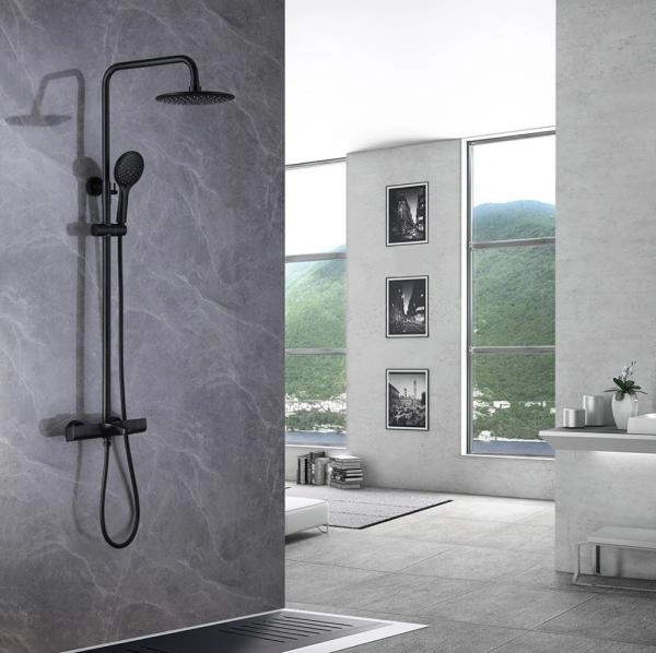 Душевая система ABBER Thermostat AF8516B с термостатом и изливом, черная матовая