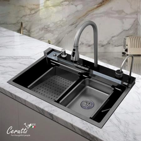 Многофункциональная кухонная мойка CeruttiSPA ГЛОРИЯ (GLORIA) II nano black (графит) из нержавеющей стали (750х460х230)