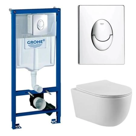 КОМПЛЕКТ Grohe + BeWash:   Инсталляция 38721001 Grohe Rapid SL + BeWash Bogen Унитаз подвесной безободковый с сиденьем микролифт белый глянец 88313201 + 2111DP