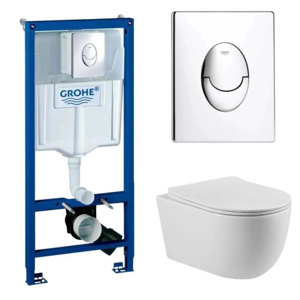 КОМПЛЕКТ Grohe + BeWash:   Инсталляция 38721001 Grohe Rapid SL + BeWash Bogen Унитаз подвесной безободковый с сиденьем микролифт белый глянец 88313201 + 2111DP