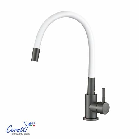 Cмеситель для кухни CeruttiSPA АТЭНА GG-W (ATENA GG-W) из нержавеющей стали, цвет графит, излив белый