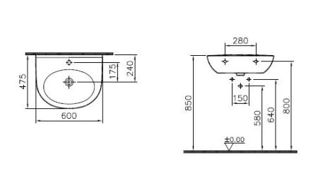 Раковина Vitra Zentrum 60 см 5786B003-0001, глубина 47 см