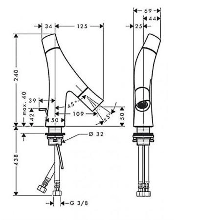 AX Starck Organic Cмеситель для раковины 50, на 1 отв., излив 109мм, с 2 рукоятками, с донным клапаном, цвет: хром