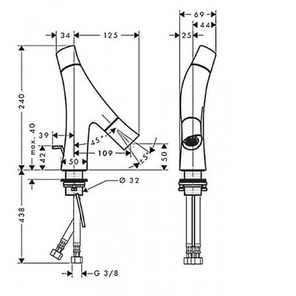 AX Starck Organic Cмеситель для раковины 50, на 1 отв., излив 109мм, с 2 рукоятками, с донным клапаном, цвет: хром