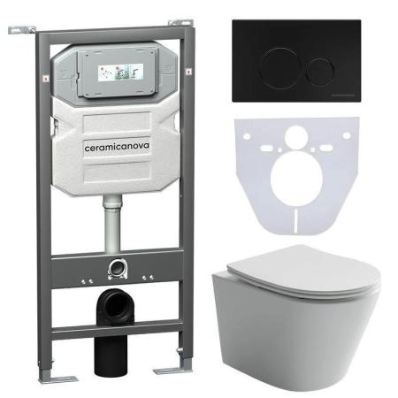 Сет 4 в 1: Подвесной унитаз Balearica Rimless арт. CN6000 + Шумоизоляционная панель для инсталляции арт. CN1000 + Система инсталляции для унитазов CERAMICANOVA Envision с кнопкой смыва Round цвет черный матовый и креплениями, арт. CN1001B