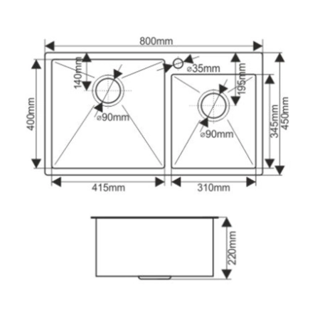 Мойка Melana ProfLine S8045HG 80x45 3,0/220 сатин золото 2-я чаша, врезная прямоугольная
