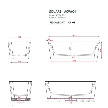 Artceram Square Ванна отдельностоящая, 180х80хh60см, с переливом и слив.крышкой, Livingtec, цвет: blu avio