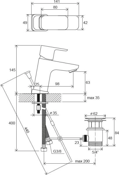 Смеситель для умывальника Ravak 10° Free TD F 011.00 с донным клапаном 140 мм X070126