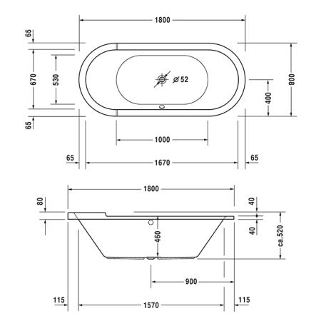Duravit Starck Ванна 180x80x52см., гидромассажная, встраиваемая, с двумя наклонами для спины, с ножками и сливом-переливом, цвет: белый