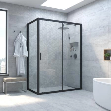 Душевой уголок Vegas-glass ZP+ZPV NOVO h2000 145*85 02М 01, профиль черный матовый, стекло прозрачное