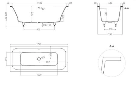 Ванна Salini ORLANDA AXIS 170x75 S-Sense матовая 103213M