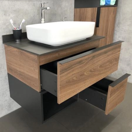Тумба с раковиной Comforty Штутгарт-75 00-00001884 Дуб тёмно-коричневый с черной столешницей c раковиной COMFORTY T-Y9378
