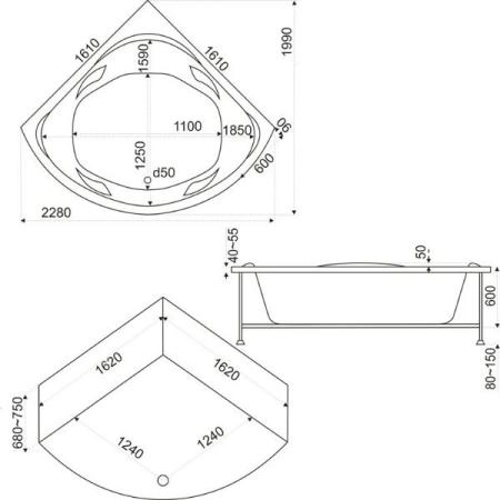 Ванна Bas Ривьера 161x161 без гидромассажа