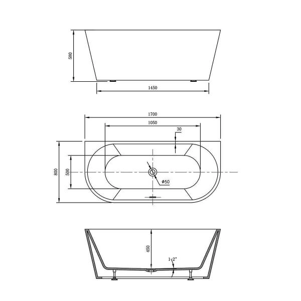 Ванна акриловая Vincea VBT-421-1700, 1700*800*580 цвет белый