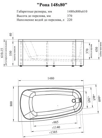 Ванна акриловая "РОНА 148х80" (левое исполнение), рама-подставка, фронтально-торцевая панель, слив-перелив автомат с сеточкой (золото, с сифоном)