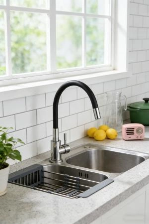 Cмеситель для кухни Ceruttispa Атэна H-B (ATENA H-B) из нержавеющей стали, цвет хром, излив черный