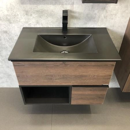 Тумба с раковиной Comforty Франкфурт-75 дуб шоколадно-коричневый черная матовая