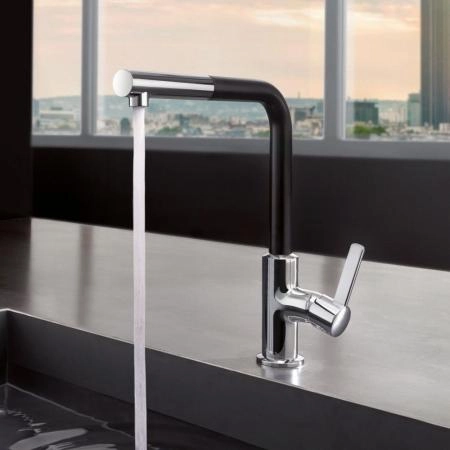 Смеситель Kludi L-Ine 408518775 для кухни, с выдвижным изливом, цвет хром-черный матовый