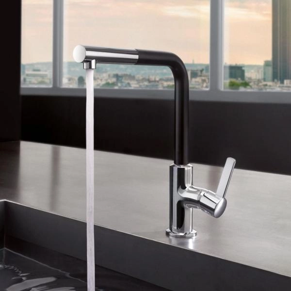 Смеситель Kludi L-Ine 408518775 для кухни, с выдвижным изливом, цвет хром-черный матовый